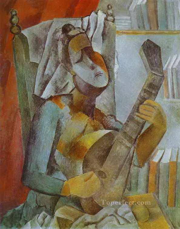 Mujer tocando la mandolina cubistas de 1909 Pintura al óleo